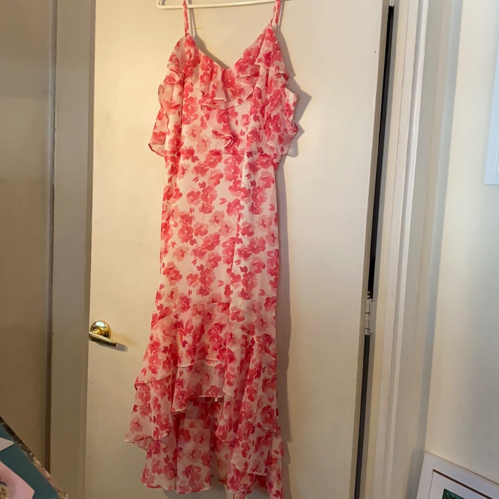 INC Cold Shoulder Pink & White High Low Ruffle Dress Size 12